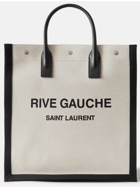 Saint Laurent YSL Rive Gauche White Black Canvas Logo Leather Tote Bag